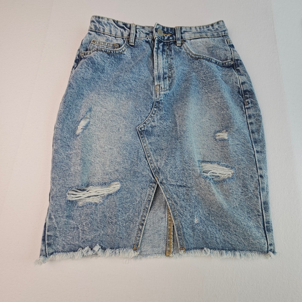 Blue Age Distressed Denim Skirt Light Wash‎ Raw Frayed Hem Womens Medium